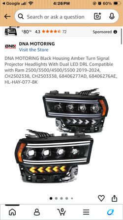 DNA MOTORING Black Housing Amber Turn Signal Projector Headlights With Dual LED DRL Compatible with Ram 2500/3500/4500/5-2024, CH, CH25