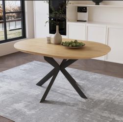 59 In. Oak Oval Extendable Mid-Century Modern Dining Table For 4-6 With Carbon Steel Legs