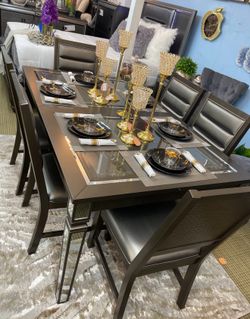 Classy MoDeRn Dining Table 🍽️ Glass Mirror Accents🪞6 Chairs 🪑 SAME DAY DELIVERY 🚚