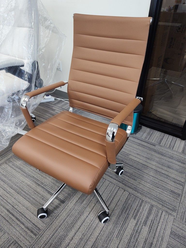 Office Desk Chair Modern, Conference Room Chairs with Wheels, Executive Leather High Back Ergonomic Swivel Rolling Ribbed Computer Chair (Brown). 3 av