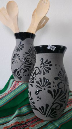 Dark Grey Talavera Style Vase Glossy Black Print, Hand Painted Made In Mexico