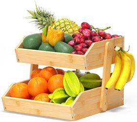 2-Tier Bamboo Fruit Basket with Banana Hooks - NEW