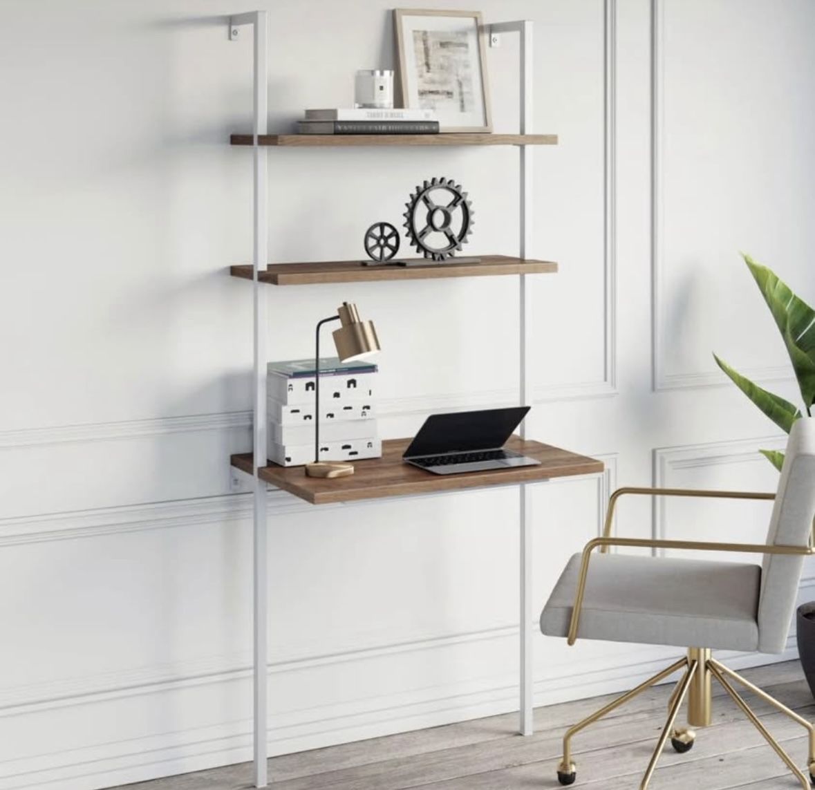 Wood Wall Mount Ladder 2-Shelf Desk Oak