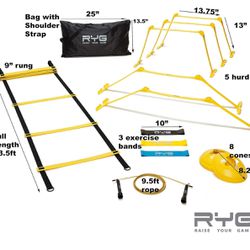 Raise Your Game Agility Ladder Speed Training Set- RYG 8 Cones, 5 Hurdles, Resistance Bands, Exercise for Soccer, Football, Track Field, Basketball, F