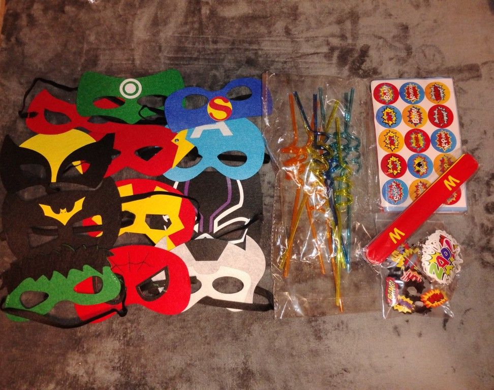 Party lot Masks,snap bracelets, Stickers and more