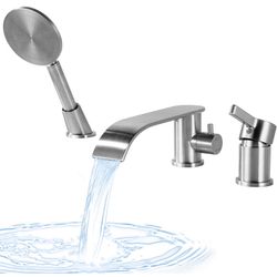 Roman Tub Faucet with Hand Shower, Deck Mount Bathtub Filler Faucet with Sprayer, 3 Hole Waterfall Single Handle Tub Filler with 360° Spout, Brushed N