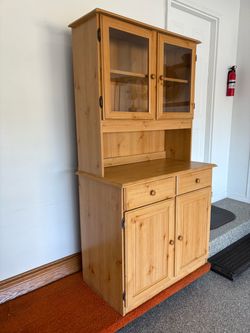 Pine Wood Hutch Cabinet with Glass Doors
