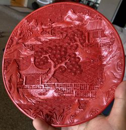 Vintage Hand Carved Asian Chinese Red Plate 7-3/4”