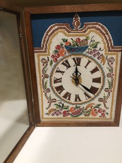 VTG Cross Stitch Fruit  Design And Clock In Wooden Case