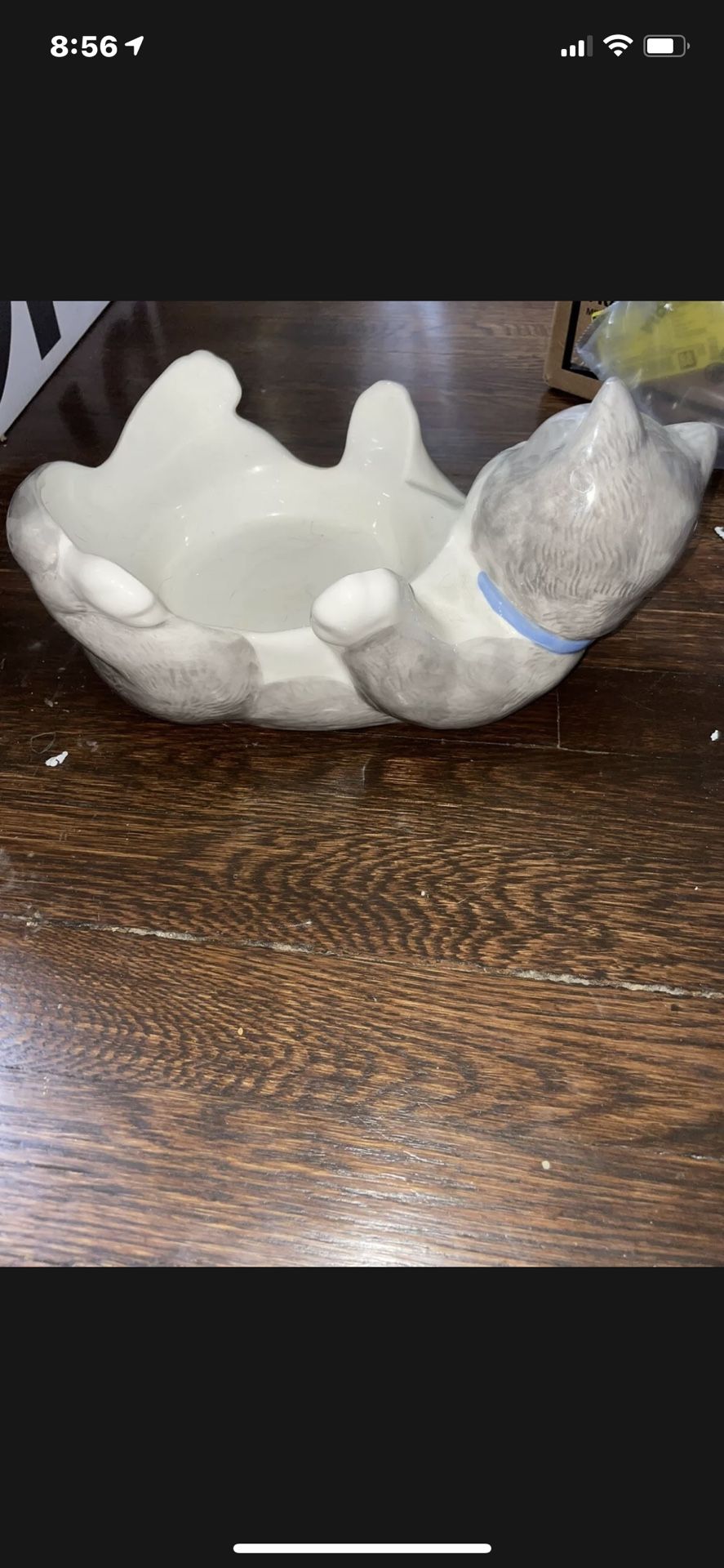 unique Rare Hand painted gray and white ceramic cat bowl holder Adorable Kitty