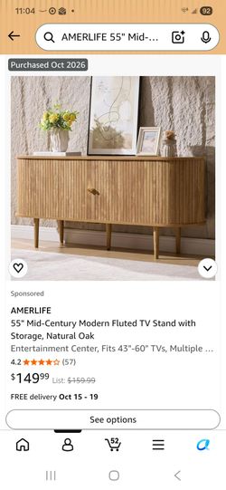 Mid-Century Modern Fluted TV Stand with Storage, Natural Oak