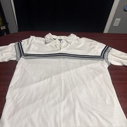 Vintage Medium White With Black And Gray Striped Quicksilver Polo