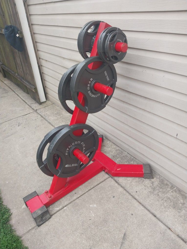 OLYMPIC WEIGHTS SET /7FT BAR /CLIPS /4FT  TREE STAND 