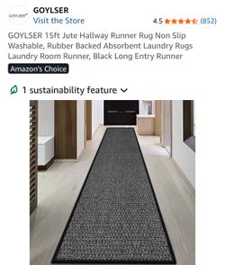 GOYLSER 15ft Jute Hallway Runner Rug Non Slip Washable, Rubber Backed Absorbent Laundry Rugs Laundry Room Runner, Black Long Entry Runner