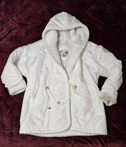 80s Vintage RAINBOW WEST White Puffer Jacket Sherpa Lined Womens L Toggle Button