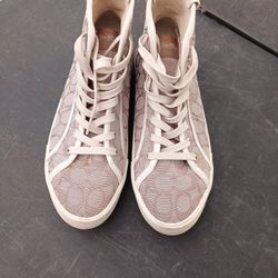 Coach Signature C High Top Sneakers Beige Canvas Women's Size 8