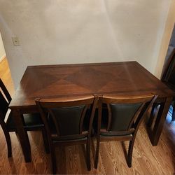 6-Piece Dark Wood Dining Set - Table, 4 Padded Chairs, Padded Bench