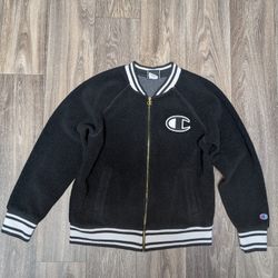 Champion Womens L Sherpa Fleece Full Zip Varsity Jacket Black Patch Spellout