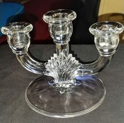 Vintage Fostoria Clear Glass 3-lite Candelabra - Baroque Triple Candle Holder Plume