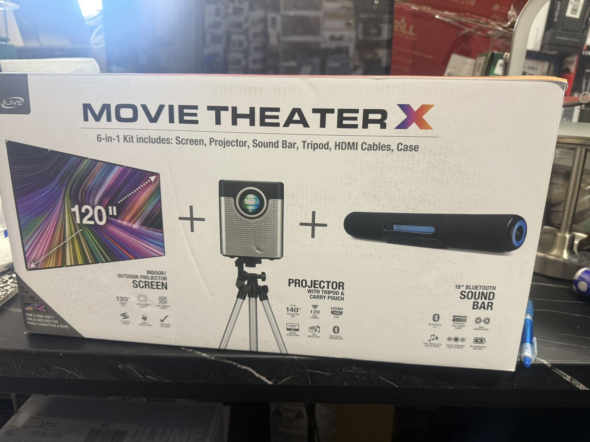 iLive Movie Theater X Bundle 6-in-1 Kit includes screen, projector, Sound Bar, Tripod, HDMI Cables