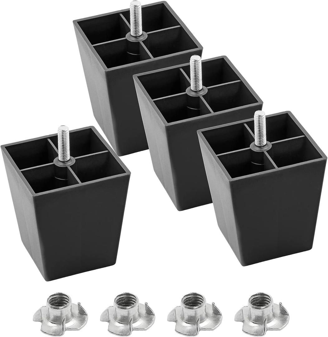 3 inch Plastic Furniture Legs, Square Couch Legs Black Sofa Legs Set of 4, Mid Century Furniture feet M8 Replacement Legs for Armchair Bed Couch Cabin