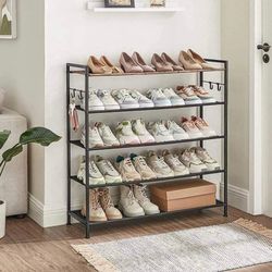 Metal Shoe Rack Storage Organizer 5 Tier Shelf, 4 Hooks, Adjustable Feet