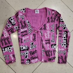 Barbie All Over Logo Light Sweater Cardigan Girls Size XL Dark Pink