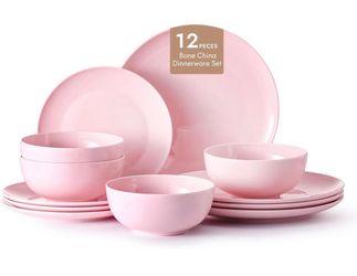 NEW KINGSTONE Bone China Dinnerware Sets, 12-Piece Dinnerware Set for 4, Lightweight Durable, Dishwasher Safe, Tableware for Daily Use with Elegant De