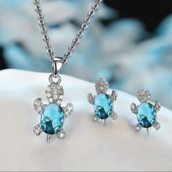 Ocean theme turtle Gem Grade Cubic tourmaline earrings and necklace set