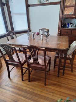 Elegant Antique Wooden And Embroidered Chair And Table Set