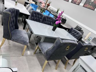 White Gloss Dining Table with Grey Velvet Chairs
