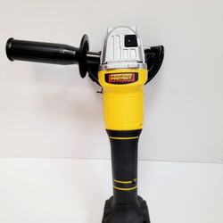 angle grinder has 20V brushless motor for efficiency. Tool features 4.5 inch wheel size and paddle switch operation. Body is yellow and black w