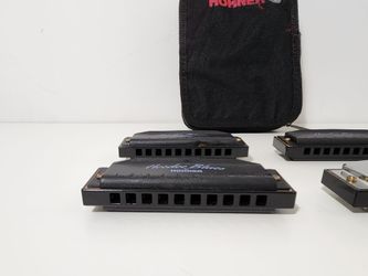 Lot of 4 Hohner Hot Metal Harmonica & Hohner Hoodoo Blue Harmonicas With Case