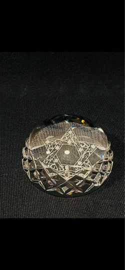 Vintage Star of David Cut Crystal Paperweight  Clear glass paperweight featuring an engraved Star of David design. Elegant clear color enhances any ho