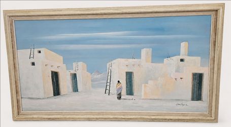 Signed Ari Lapa Southwest Pueblo Village Painting – Framed 24x48