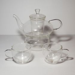 Teavana Glass Tea Set Teapot 2 Cups Warmer