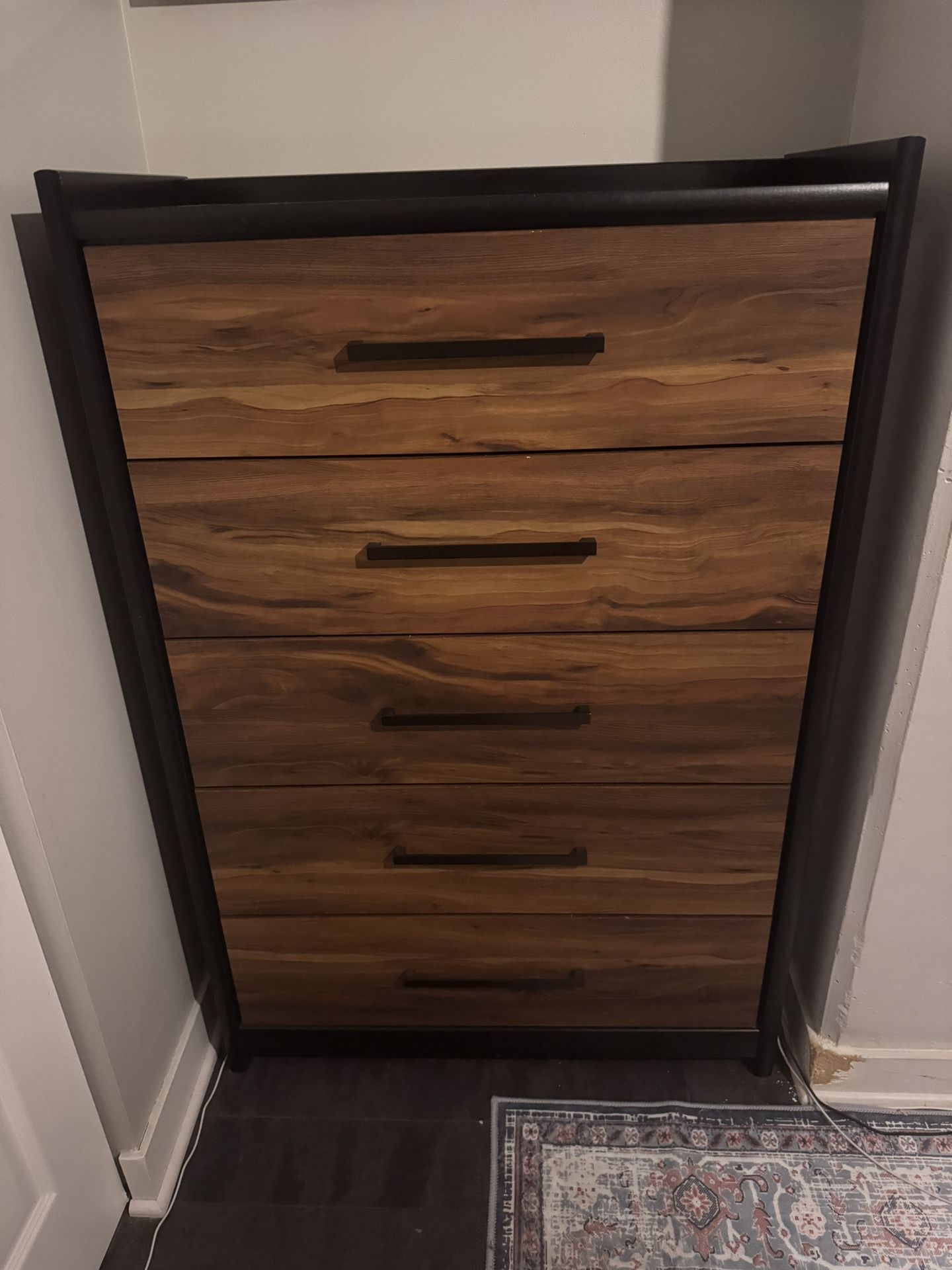 5-Drawer Dresser + Headboard Set, Brown Wood/Black