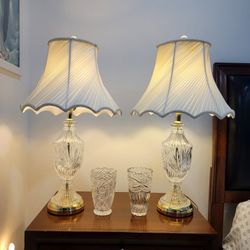 Crystal set of 2 table lamps and 2 solid vases by Regency Hill. Traditional, European & glamorous, brass, gold-plated metal, cream white, glass dome.