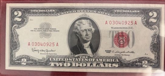 VINTAGE 1963 $2 Two Dollar Bill Red Seal Legal Tender Note - Crisp Condition w/ Sleeve