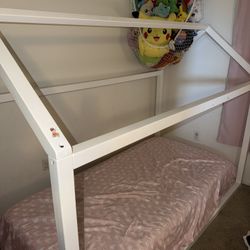 White Twin House/Loft Bed + Mattress 