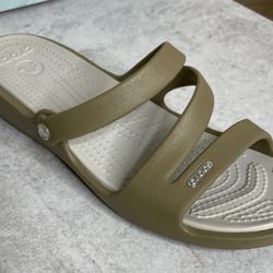 CROCS Patricia Taupe Strappy Wedge Slide Sandal Shoe Womens Size 10
