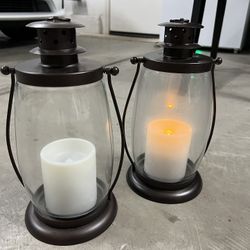Glass/metal Lantern Powered By Batteries Bronze