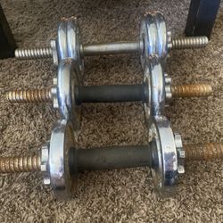 Three Barbells With Some Weights. Two Brand New Clamps 