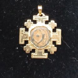14K Jeruselum Cross W/ Widow's Mite 