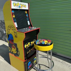 ARCADE1UP MINI PAC-MAN ARCADE CABINET WITH RISER, STOOL, AND LIGHT UP MARQUEE