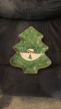 Macys The Cellar Log Cabin Ceramic Christmas Holiday Tree Plate Serving Tray Never Used