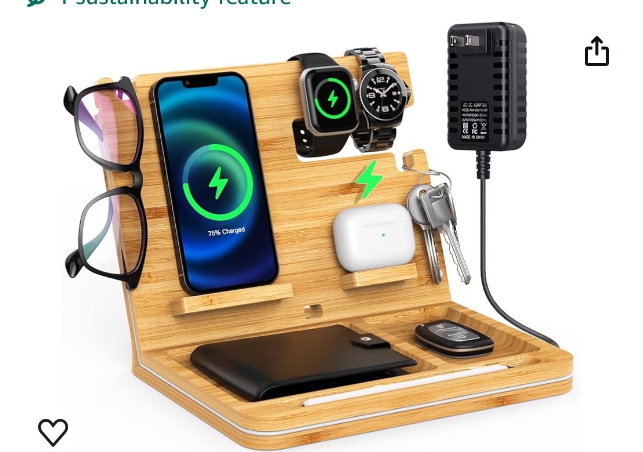 Bamboo Phone Docking Station, OTESS 6 in 1 Wireless Charging Station Compatible with iPhone/AirPods, Nightstand Organizer With Key Holder, Wallet Stan