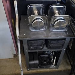 Ironmaster Adjustable 120lb Dumbbells, stand, curl bar