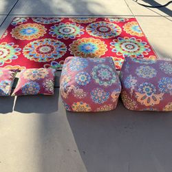 Outdoor Rug, Foot Poufs, Pillows 