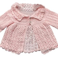 Hand Made Pink Crocheted Little Girls Cardigan Sweater Jacket Size 2T 